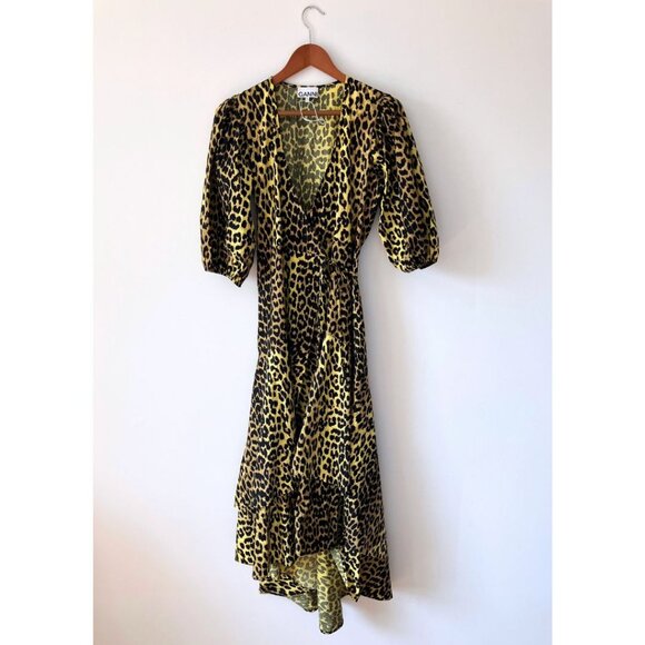 Ganni Bijou Leopard Cotton Wrap Dress Yellow Size 38/ US 6 - Picture 5 of 9